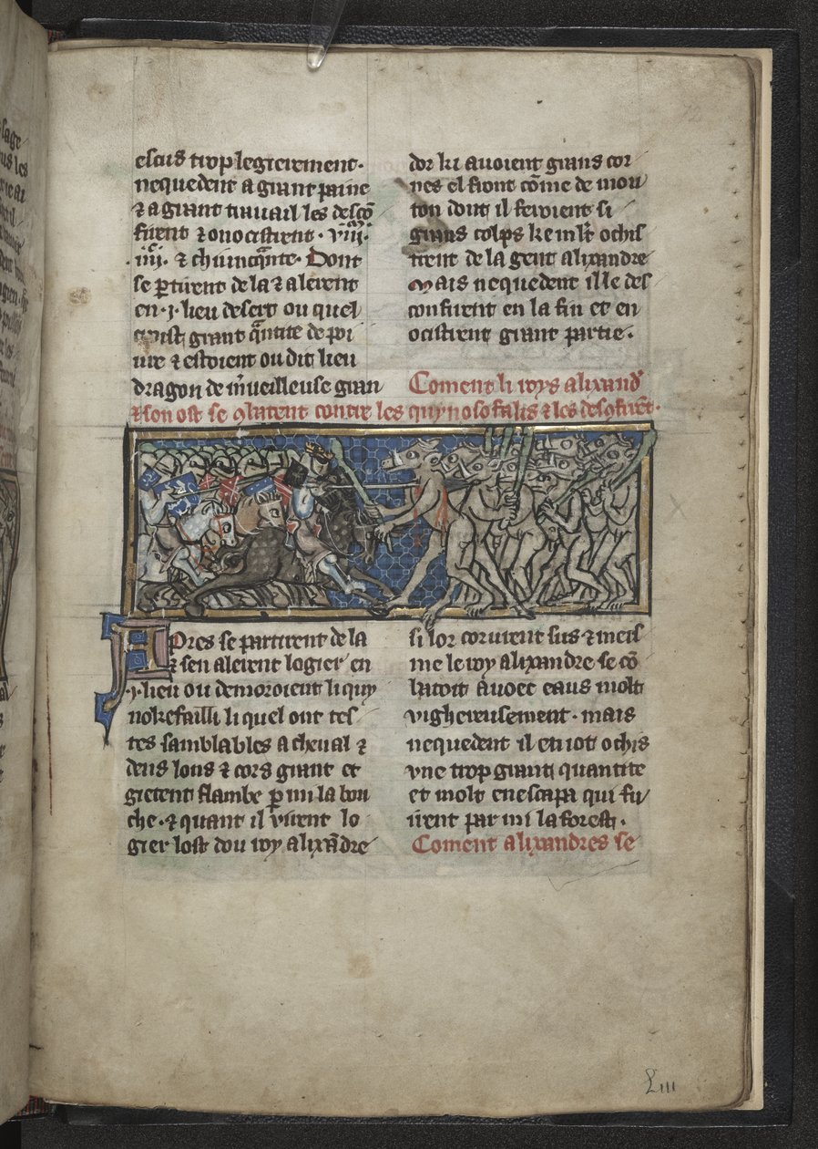 Harley MS 4979 f.72r Alexander, at başlı erkeklerle savaşıyor, 