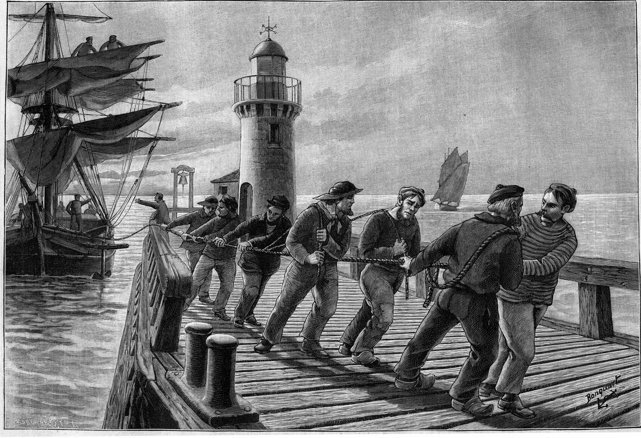 Bir tekneyi çeken nakliyeciler, 19. yüzyılın sonlarında. 26 Mart 1899 tarihli Journal des Voyages dergisindeki gravür. by French School