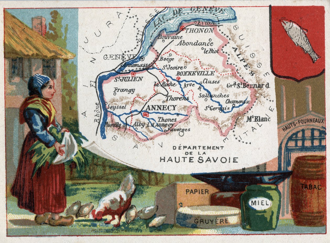 Haute Savoie (Haute-Savoie, 74), Rhone Alpes (Rhone-Alpes), Fransa. Yerel uzmanlık: kağıt, gravyer, bal, tütün ve yüksek fırınlar. Fransız Departmanları Üzerine Diziler. Kromolitografi (Chromo) 1920 dolaylarında “”coğrafi konu””. Özel koleksiyon by French School