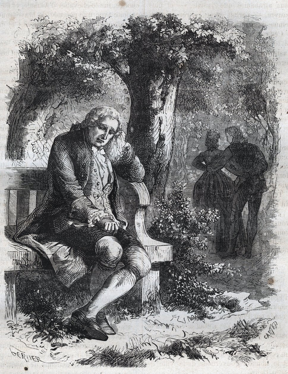 Bir öpücüğün fısıltısını duydu.” İsviçreli filozof Jean Jacques (Jean-Jacques) Rousseau (1712-1778), arkadaşı Marie-Therese (Marie Therese) Le Vasseur (Levasseur) (1721-1801) zina içinde şaşırır. 1871 tarihli “Histoire Des Cocuses” adlı gravür by French School