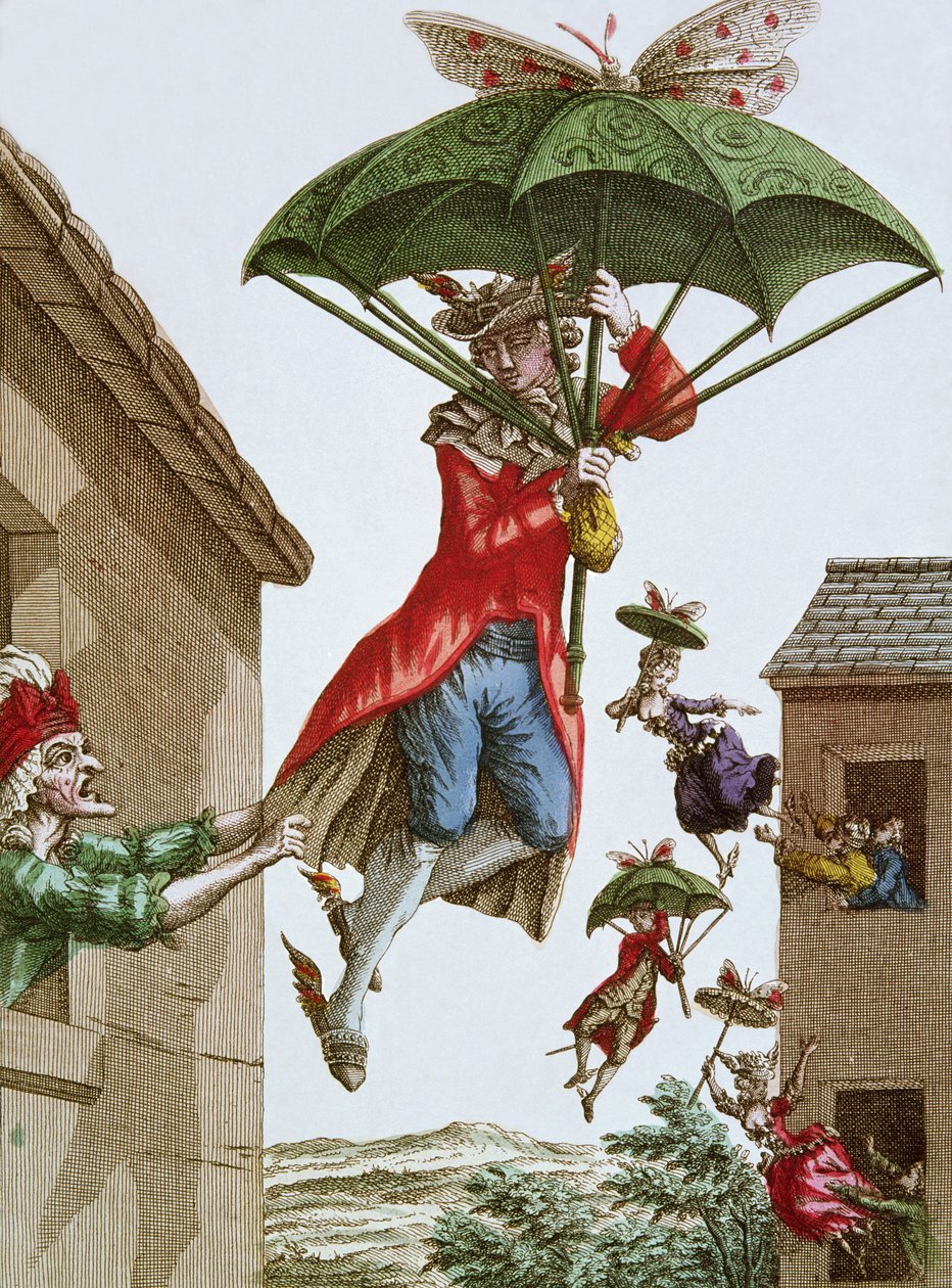 Held Aloft by Umbrellas and Butterflies, Men and Women Fly Out of Windows  by French School