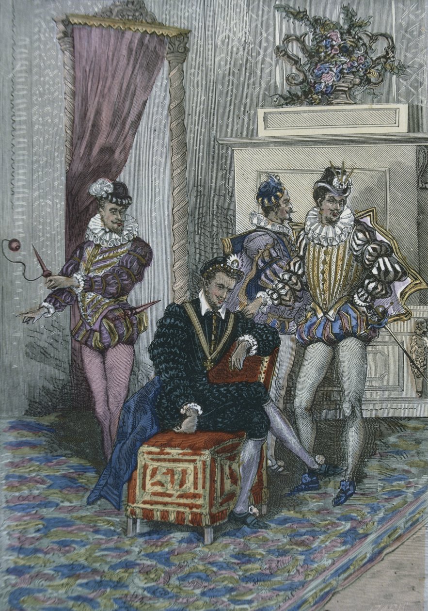 Henri III (1551-89) ve favorileri (renkli gravür) by French School
