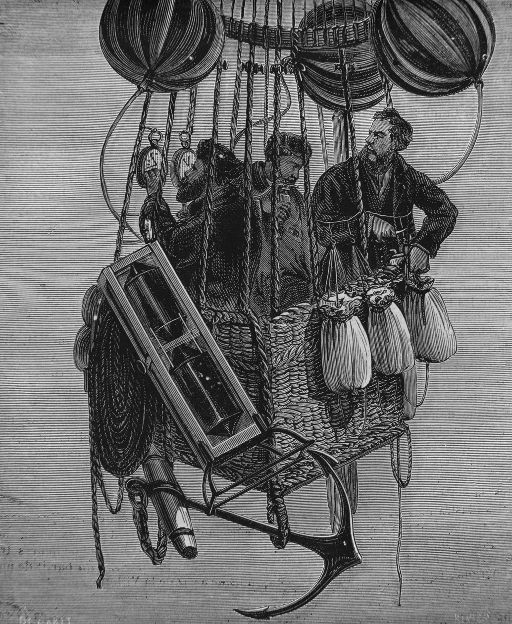 Henri Theodore Sivel (1834-75), Joseph Croce Spinelli ve Gerard Tissandier Zenith balonunun gondolunda, 15 Nisan 1875 by French School