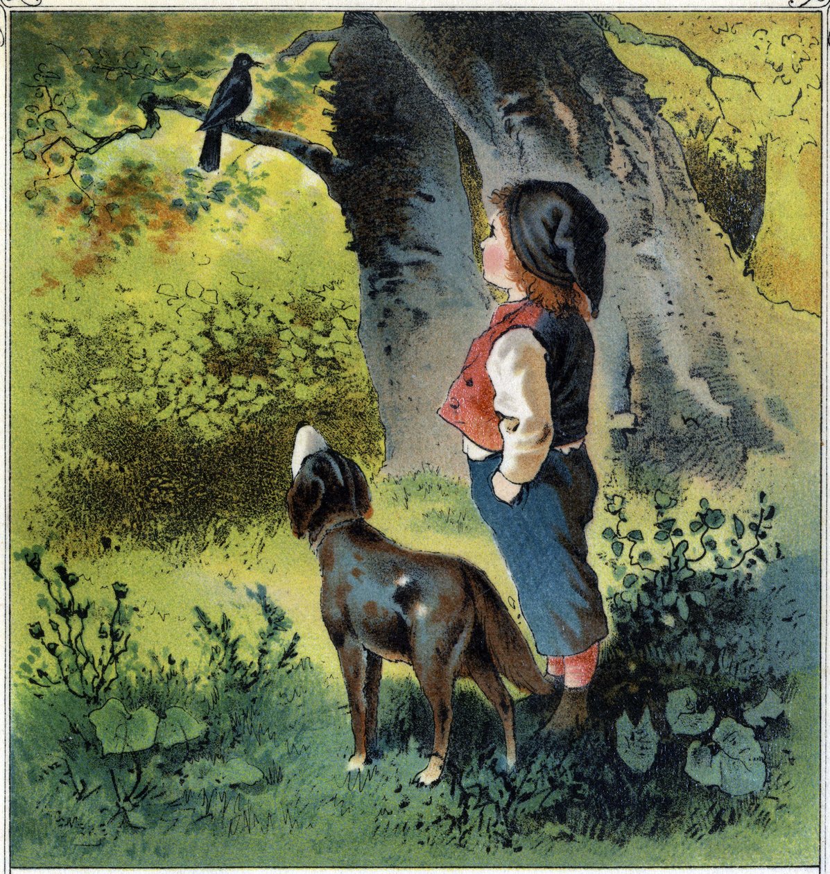 Henri, ormandaki bir dalda bir karatavuk gözlemler ve kuş ise hayatına geri döner. “Çocukluk Sahneleri”nden Kromolitografi ed. Guerin - Müller dolaylarında 1885. by French School