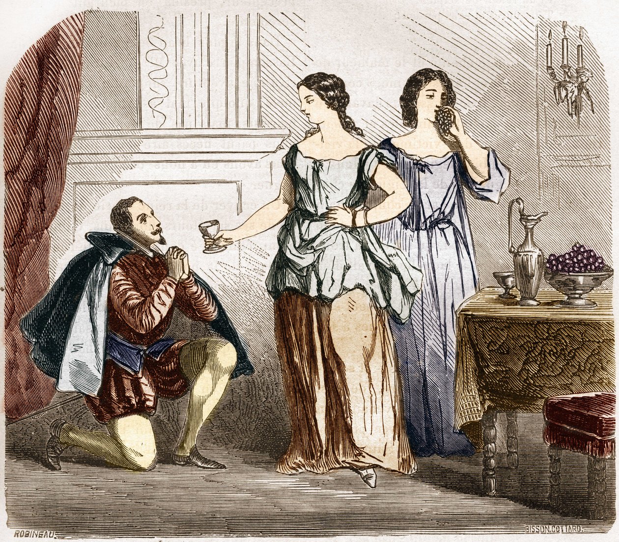 Henry IV (1553-1610), Fransa Kralı yarı çıplak kadınlar tarafından servis ediliyor. Dr. Th tarafından “Antik çağlardan günümüze tüm dünya halkları arasında fuhuş ve sefahat tarihi”nde gravür. -F. Debray. 1879. by French School