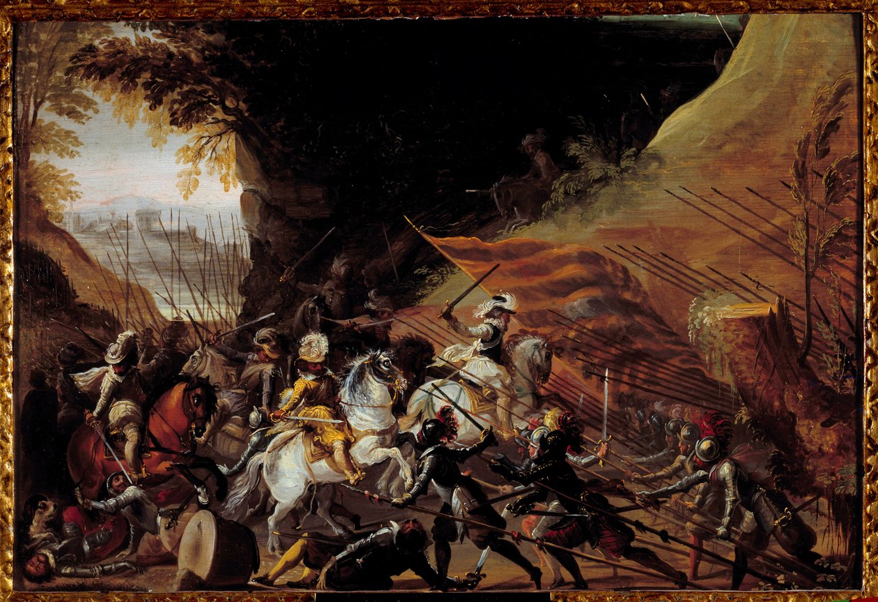 Henry IV (1589-1610) süvarilerinin başında yükleniyor. 17. yüzyılın anonim Fransız resmi. Ahşap üzerine yağ. Karartma: 0,35 X 0,52m. Pau, Musee Du Şatosu by French School