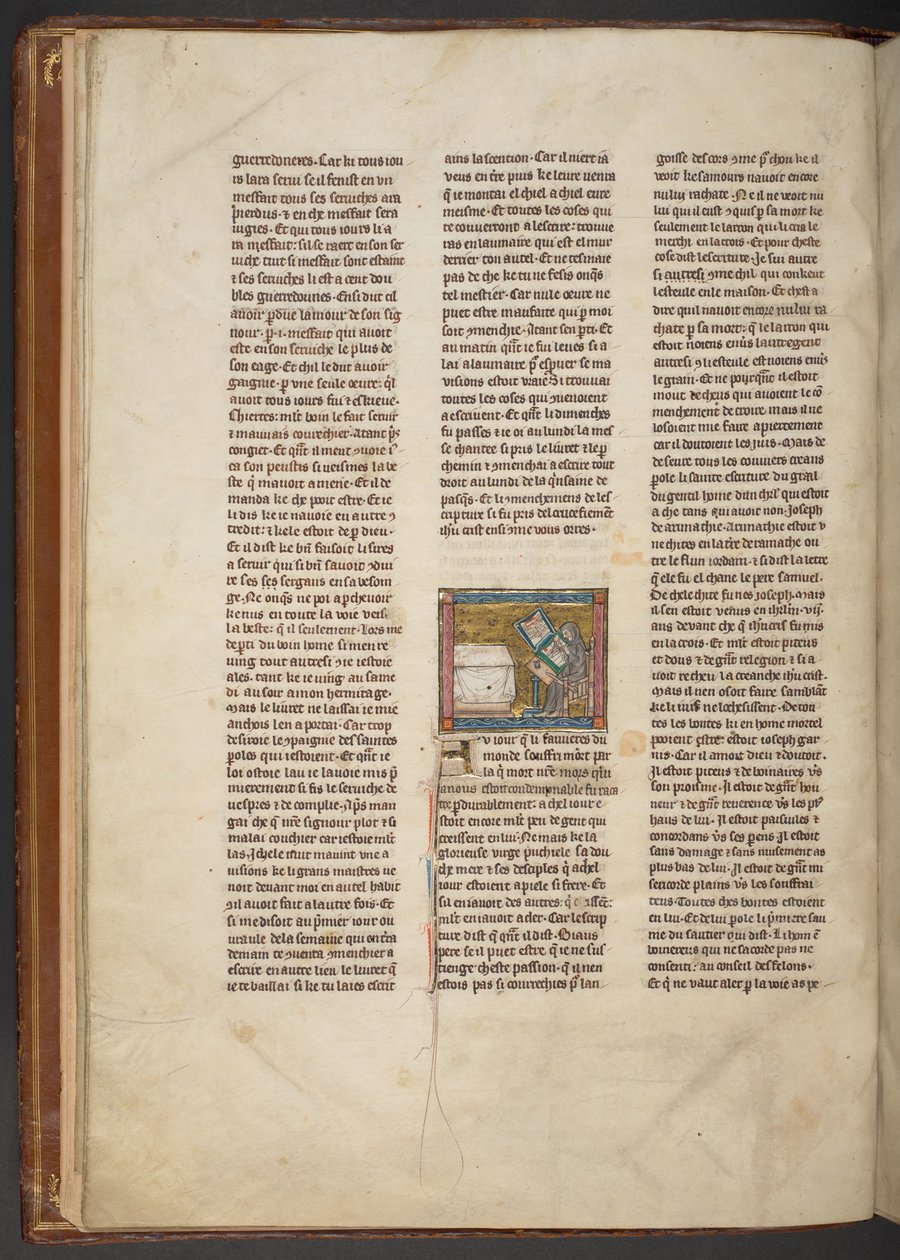 "Estoire del Saint Graal, La Queste del Saint Graal, Morte Artu" dan bir masada yazan münzevi, c.1315-25 (parşömen üzerine mürekkep) by French School