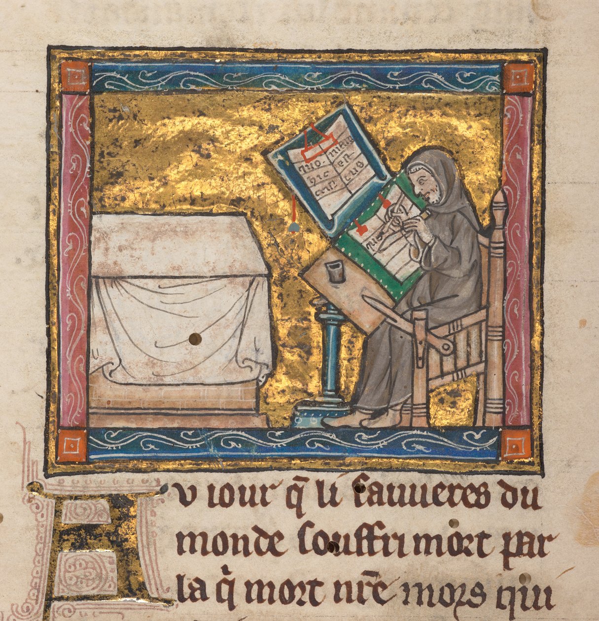 Bir masada münzevi yazı, "Estoire del Saint Graal, La Queste del Saint Graal, Morte Artu" dan minyatür, c.1315-25 (parşömen üzerine mürekkep) by French School
