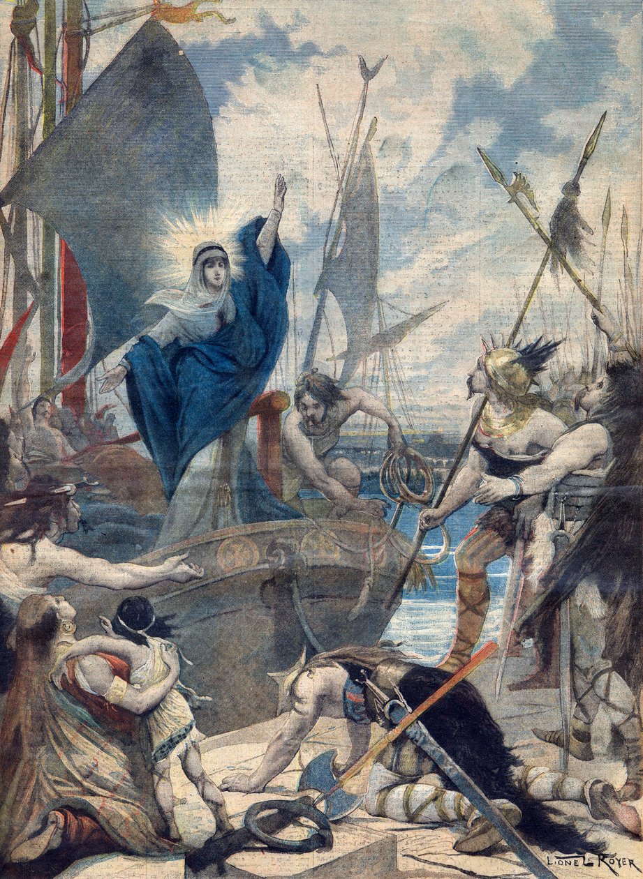 Fransa Kahramanları: St Genevieve (423-512). Les heroines de France - İstila barbarları - Sainte Genevieve Paris şehrini kurtarıyor. Le petit Journal için illüstrasyon by French School