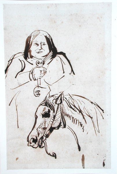 Honore de Balzac (1799-1850) ve Atı (kağıt üzerine kalem ve mürekkep) by French School