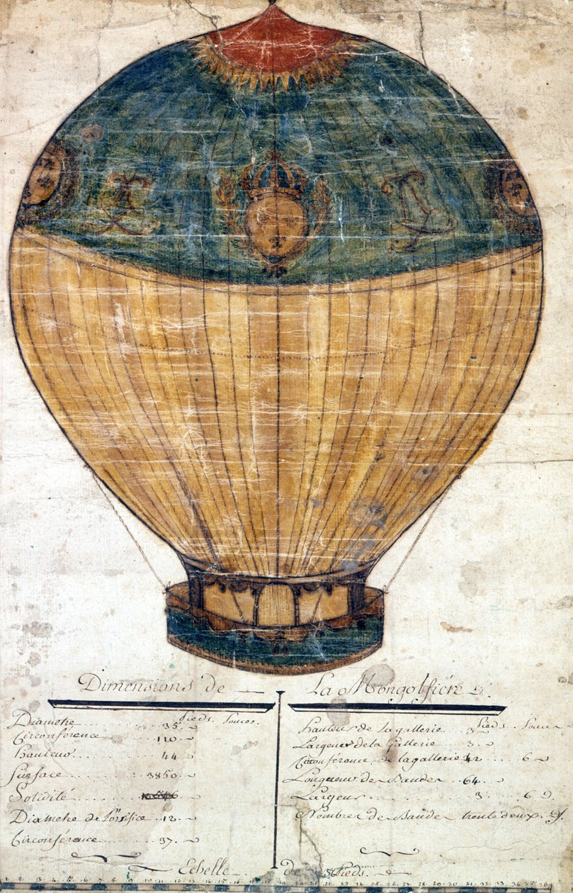 Montgolfier kardeşlerin sıcak hava balonu. Orijinal çizim. 1782 by French School