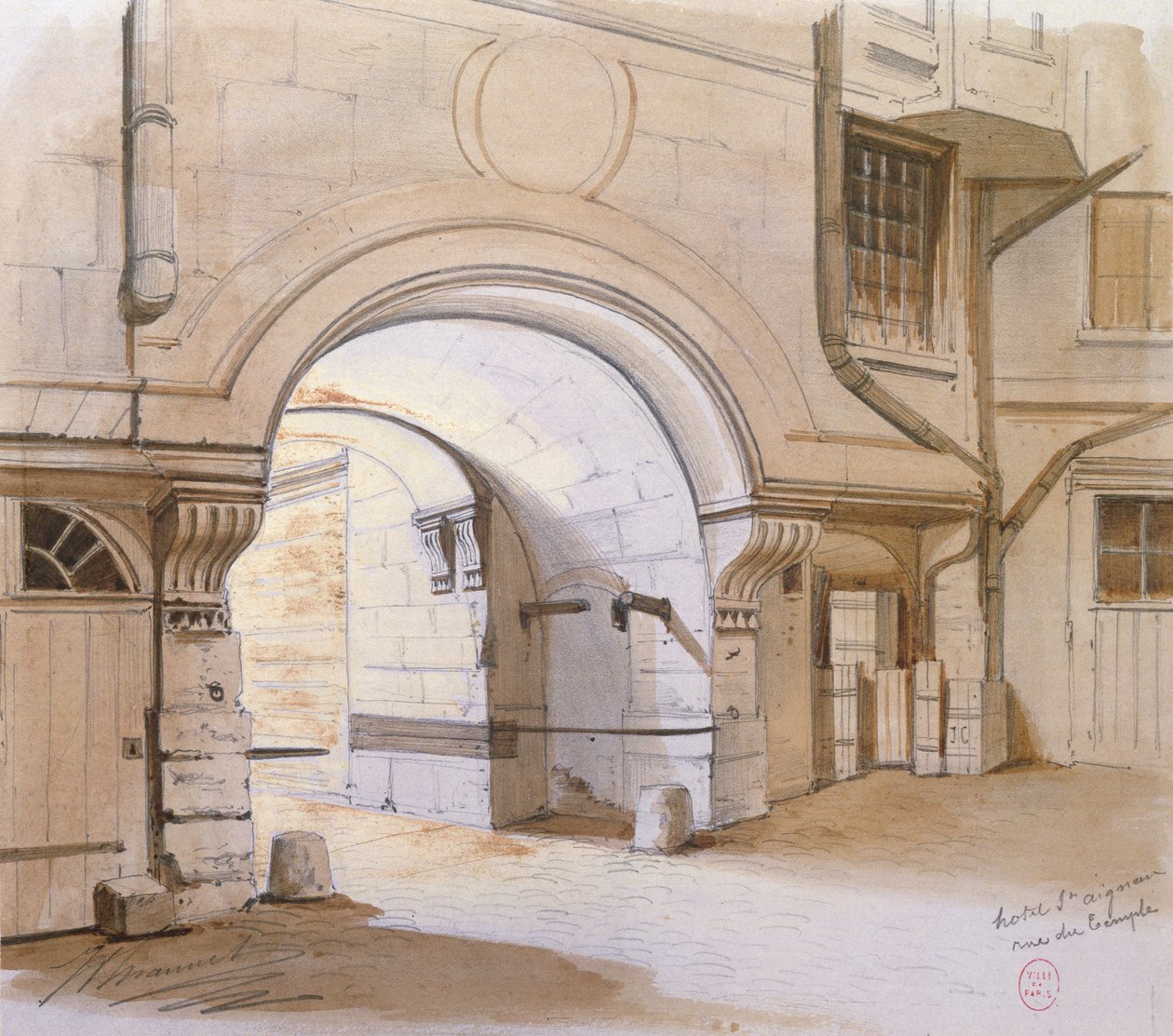 Hotel de Saint-Aignan, Rue du Temple, Paris (kağıt üzerinde kalem ve tuvalet) by French School
