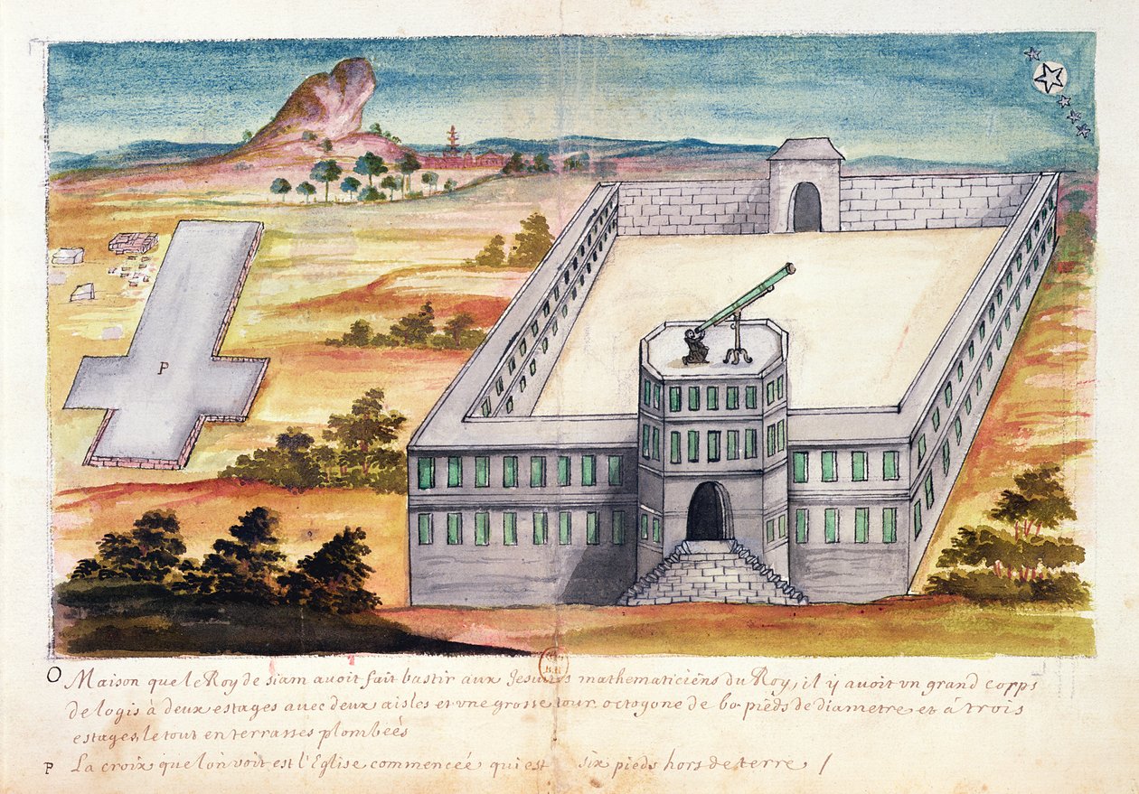Siam Kralı tarafından Cizvit matematikçileri için inşa edilen Ev ve Gözlemevi, Siam'daki Cizvitlerin bir hesabından, 1688 (kağıt üzerinde wc) by French School