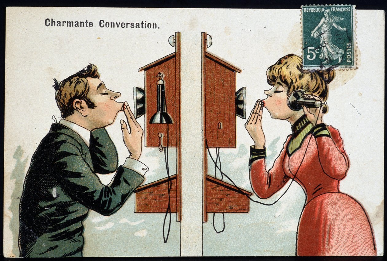 Telefondaki esprili kartpostal, deb. 20. yüzyıl @Selva/Leemage by French School