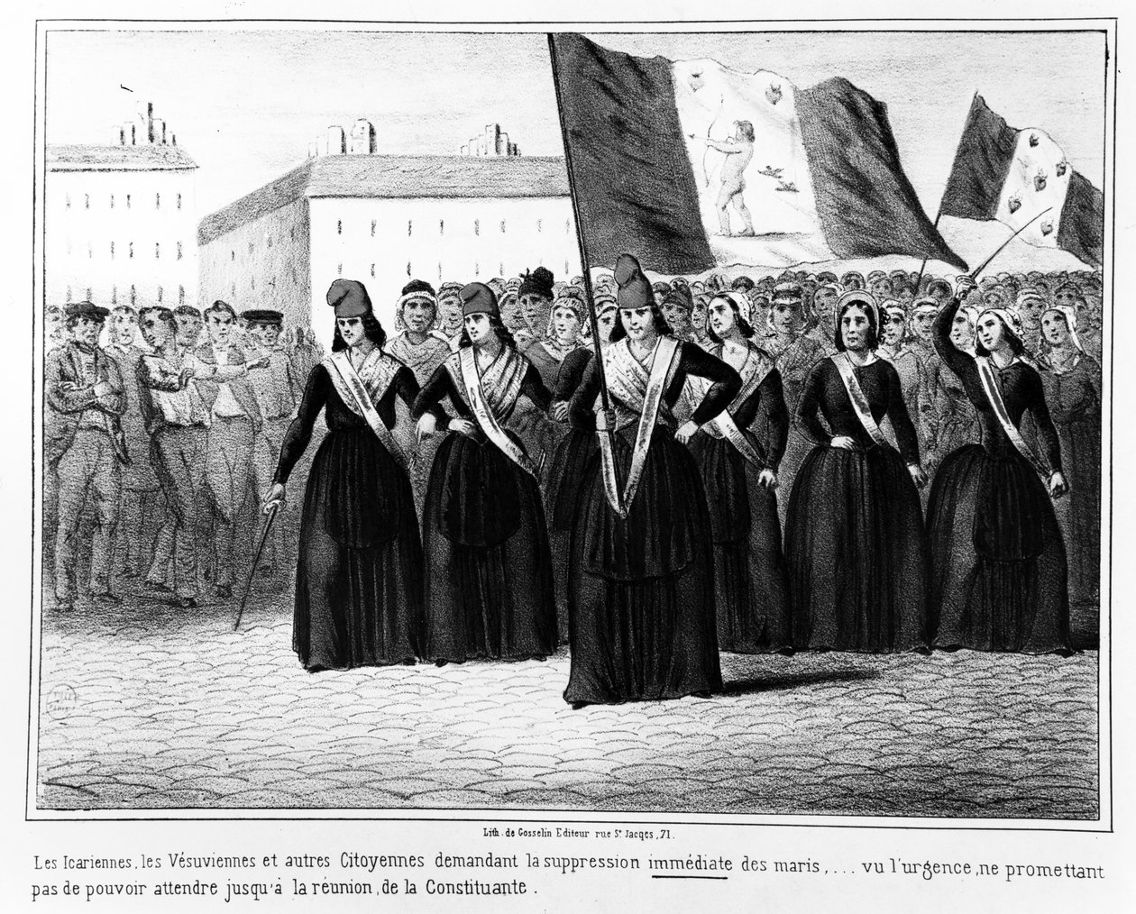 1848 Fransız Devrimi sırasındaki olaylarla ilgili bir dizi karikatürden kocaların derhal ortadan kaldırılmasını talep eden İkaryalılar ve Vezüvler, 1848 Gosselin tarafından Paris