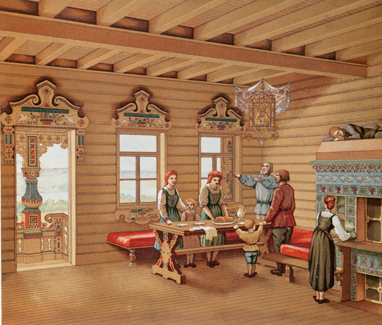 Bir Rus izbasının idealize edilmiş iç mekanı, 1880 dolayları (renkli gravür) by French School