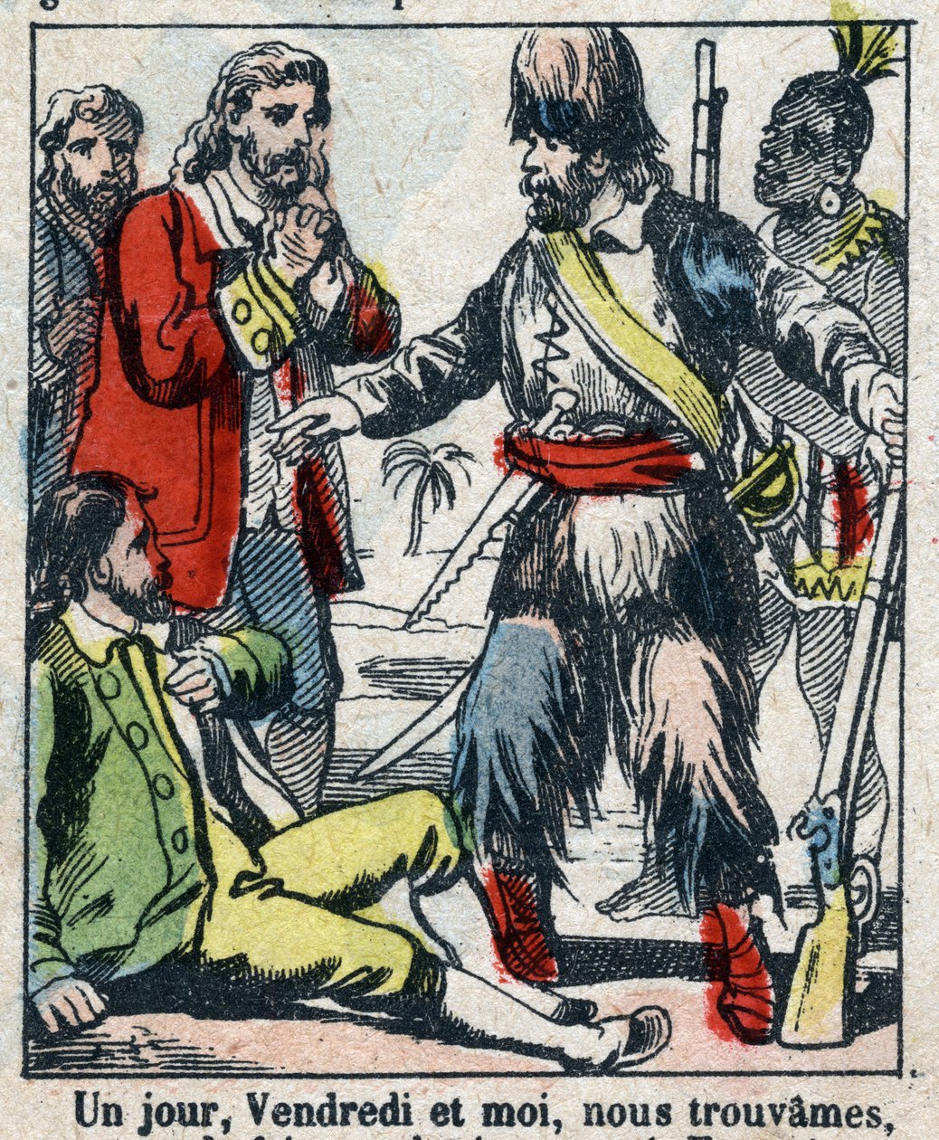 Daniel Defoe (De foe) Kitabı için İllüstrasyon “” Robinson Crusoe””. 19. yüzyılın sonundan epinal görüntüleme. by French School