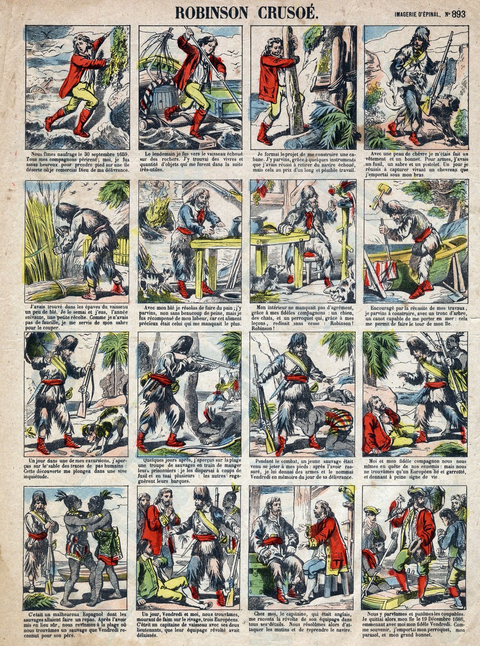 Daniel Defoe (De foe) Kitabı için İllüstrasyon “” Robinson Crusoe””. 19. yüzyılın sonundan epinal görüntüleme. by French School