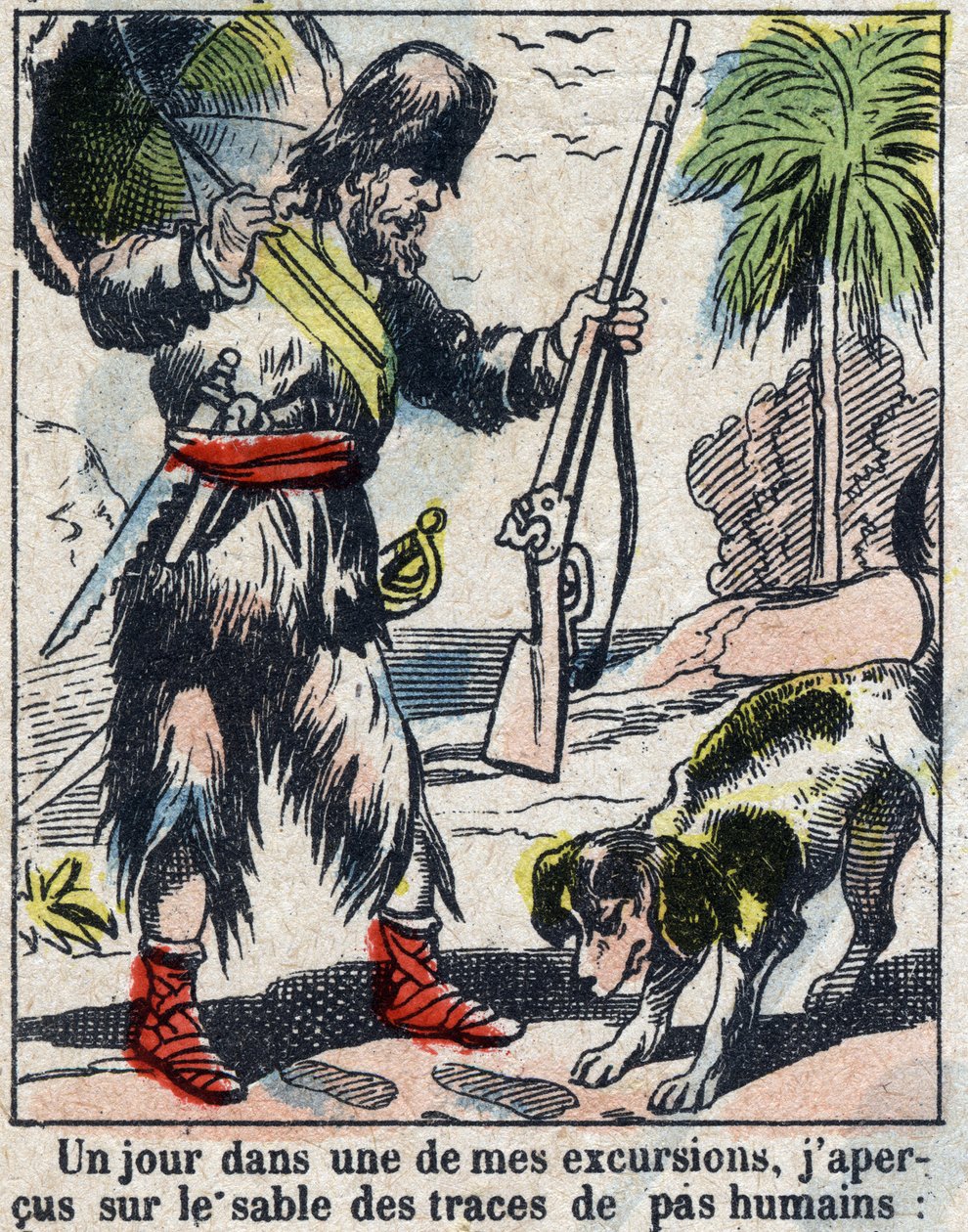 Daniel Defoe (De foe) Kitabı için İllüstrasyon “” Robinson Crusoe””. 19. yüzyılın sonundan epinal görüntüleme. by French School