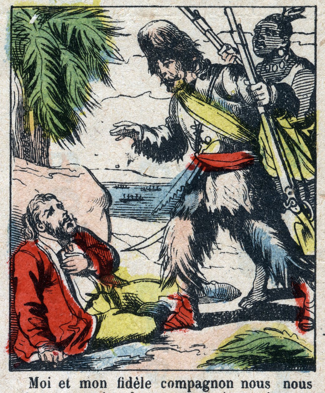 Daniel Defoe (De foe) Kitabı için İllüstrasyon “” Robinson Crusoe””. 19. yüzyılın sonundan epinal görüntüleme. by French School