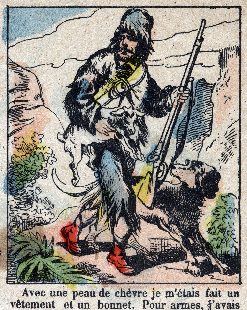 Daniel Defoe (De foe) Kitabı için İllüstrasyon “” Robinson Crusoe””. 19. yüzyılın sonundan epinal görüntüleme. by French School