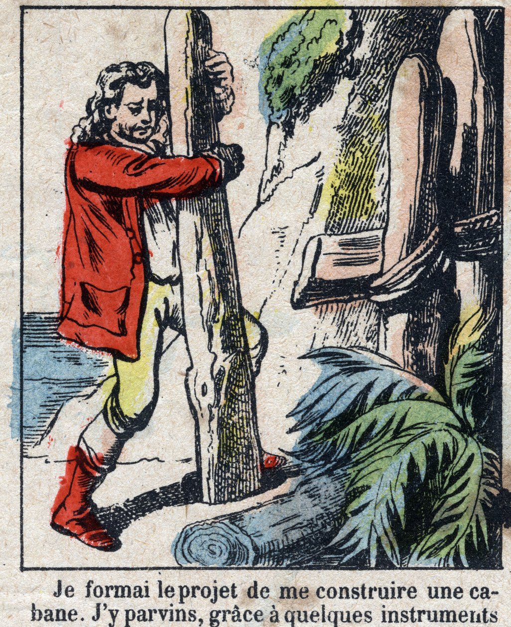 Daniel Defoe (De foe) Kitabı için İllüstrasyon “” Robinson Crusoe””. 19. yüzyılın sonundan epinal görüntüleme. by French School