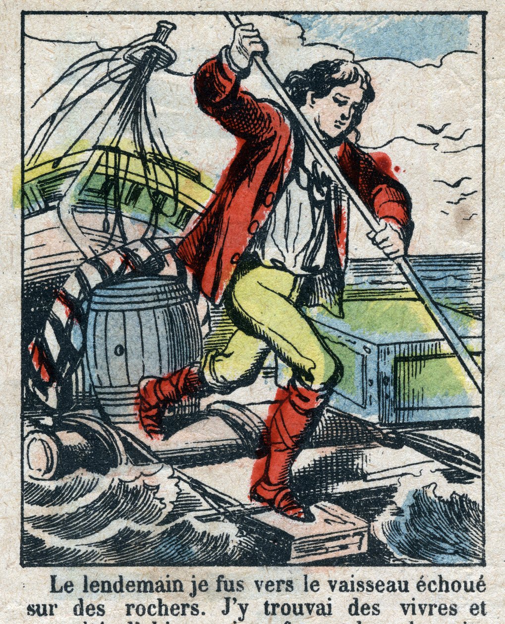 Daniel Defoe (De foe) Kitabı için İllüstrasyon “” Robinson Crusoe””. 19. yüzyılın sonundan epinal görüntüleme. by French School