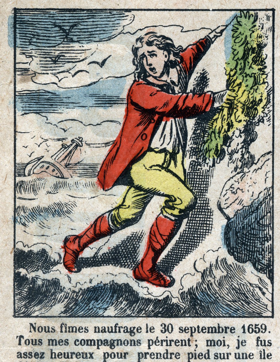 Daniel Defoe (De foe) Kitabı için İllüstrasyon “” Robinson Crusoe””. 19. yüzyılın sonundan epinal görüntüleme. by French School