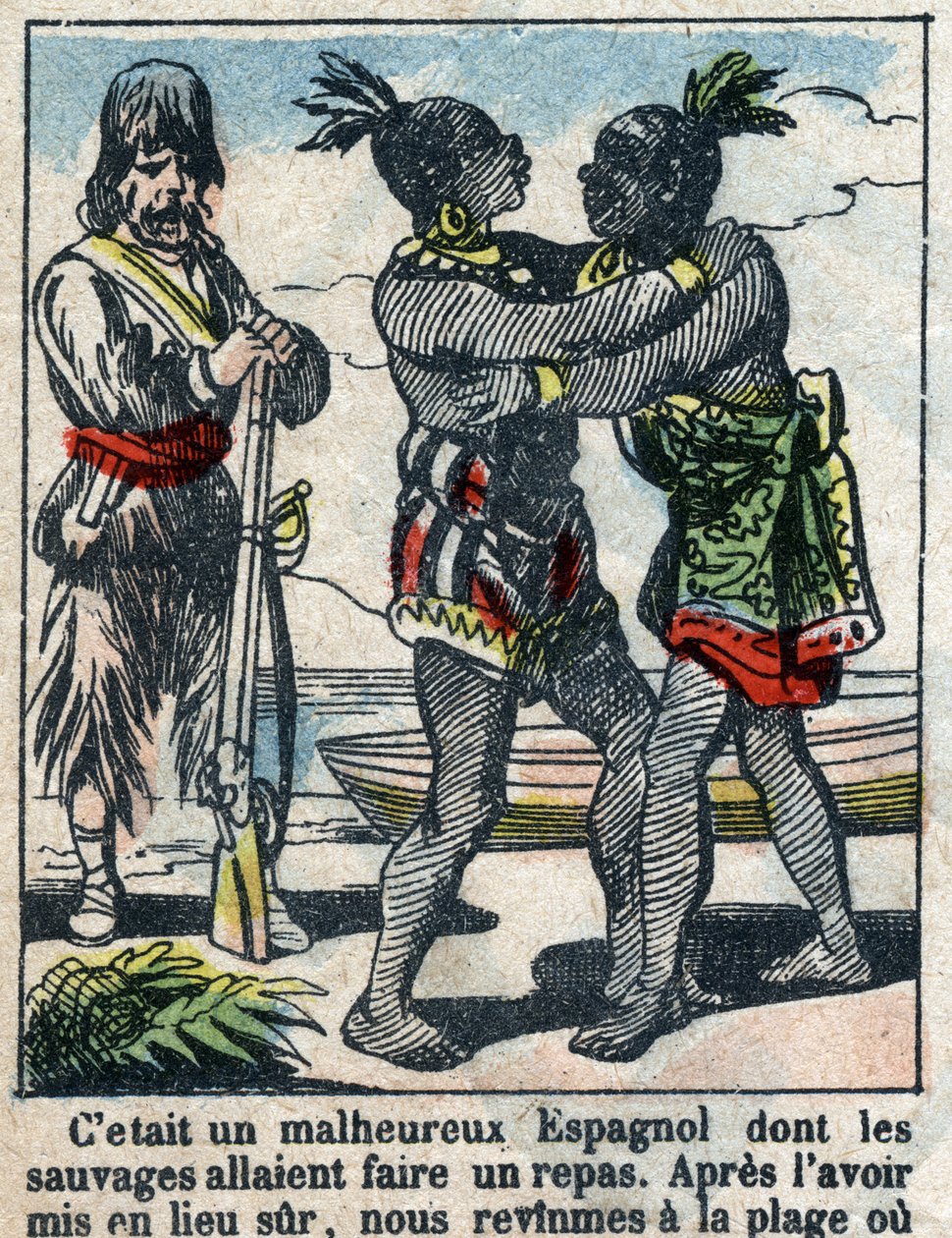 Daniel Defoe (De foe) Kitabı için İllüstrasyon “” Robinson Crusoe””. 19. yüzyılın sonundan epinal görüntüleme. by French School