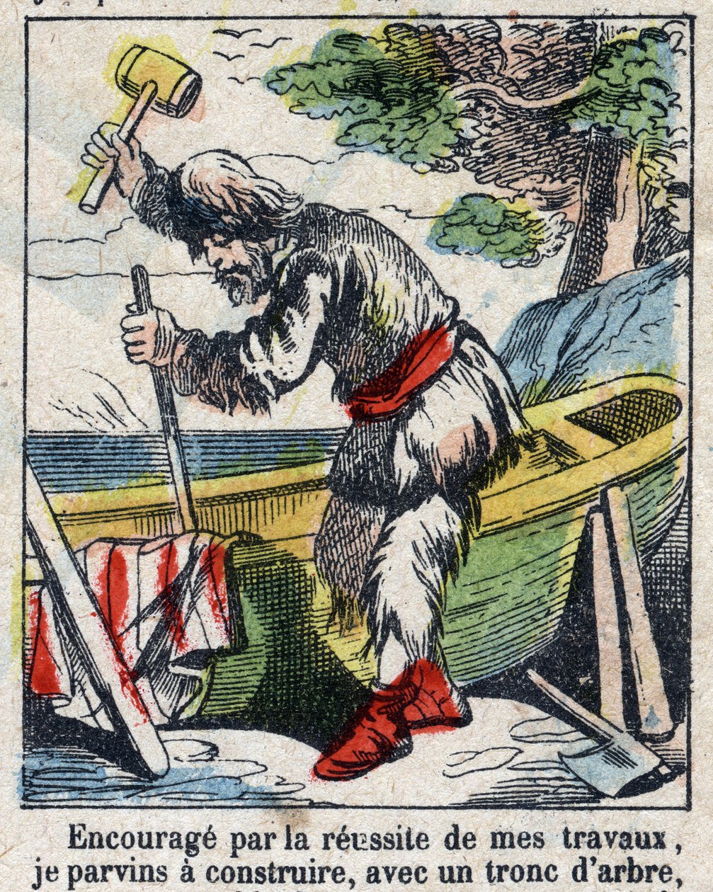 Daniel Defoe (De foe) Kitabı için İllüstrasyon “” Robinson Crusoe””. 19. yüzyılın sonundan epinal görüntüleme. by French School