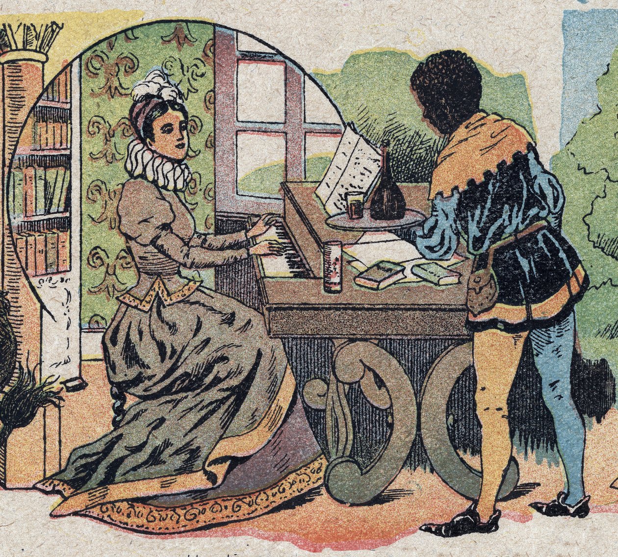 “Güzellik ve Bete” Masalı için İllüstrasyon: Dikkatlerle çevriliydi. Quinn tasvirlerinin gravürü, 1890 dolaylarında. by French School