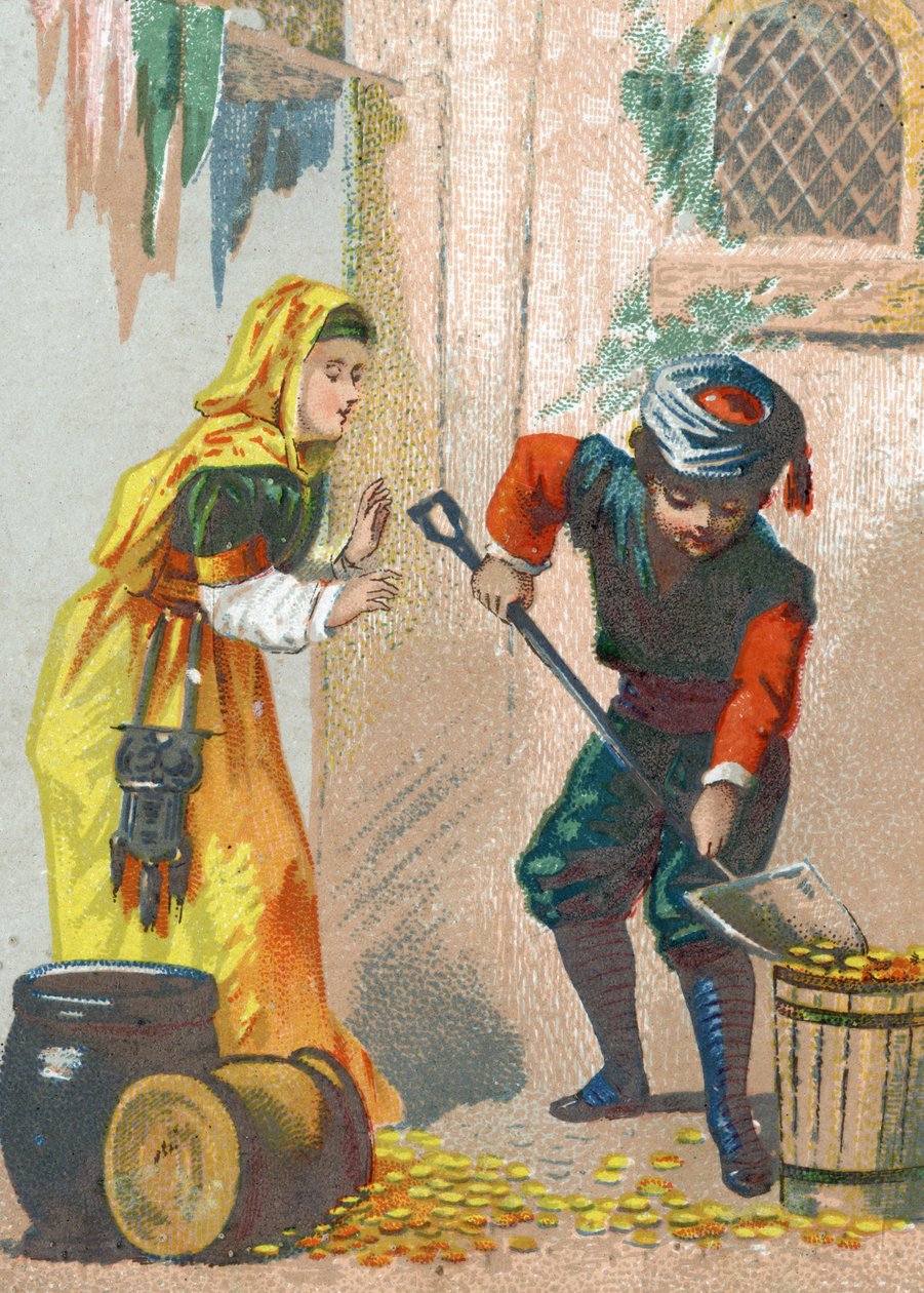 Binbir Gece Masalları için İllüstrasyon. Ali-Baba (Ali Baba) altın eşeklerini yükler ve eve döner, 1890 civarında Kromolitografi. by French School