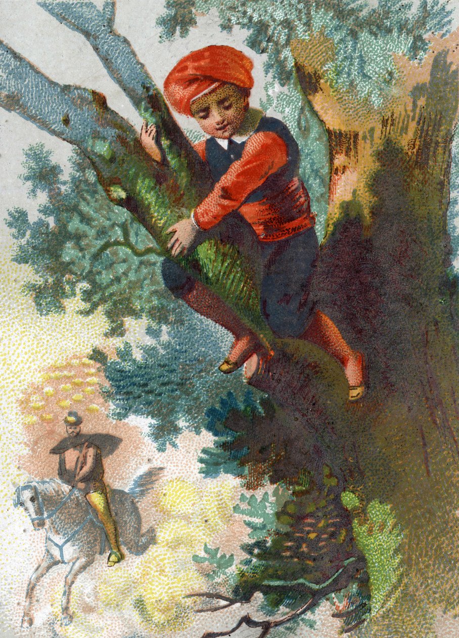 Binbir Gece Masalları için İllüstrasyon. Ali-Baba (Ali Baba) uzaktan ormana doğru gelen bir hırsız birliğini görünce bir ağaçta saklanır. 1890 civarında kromolitografi. by French School