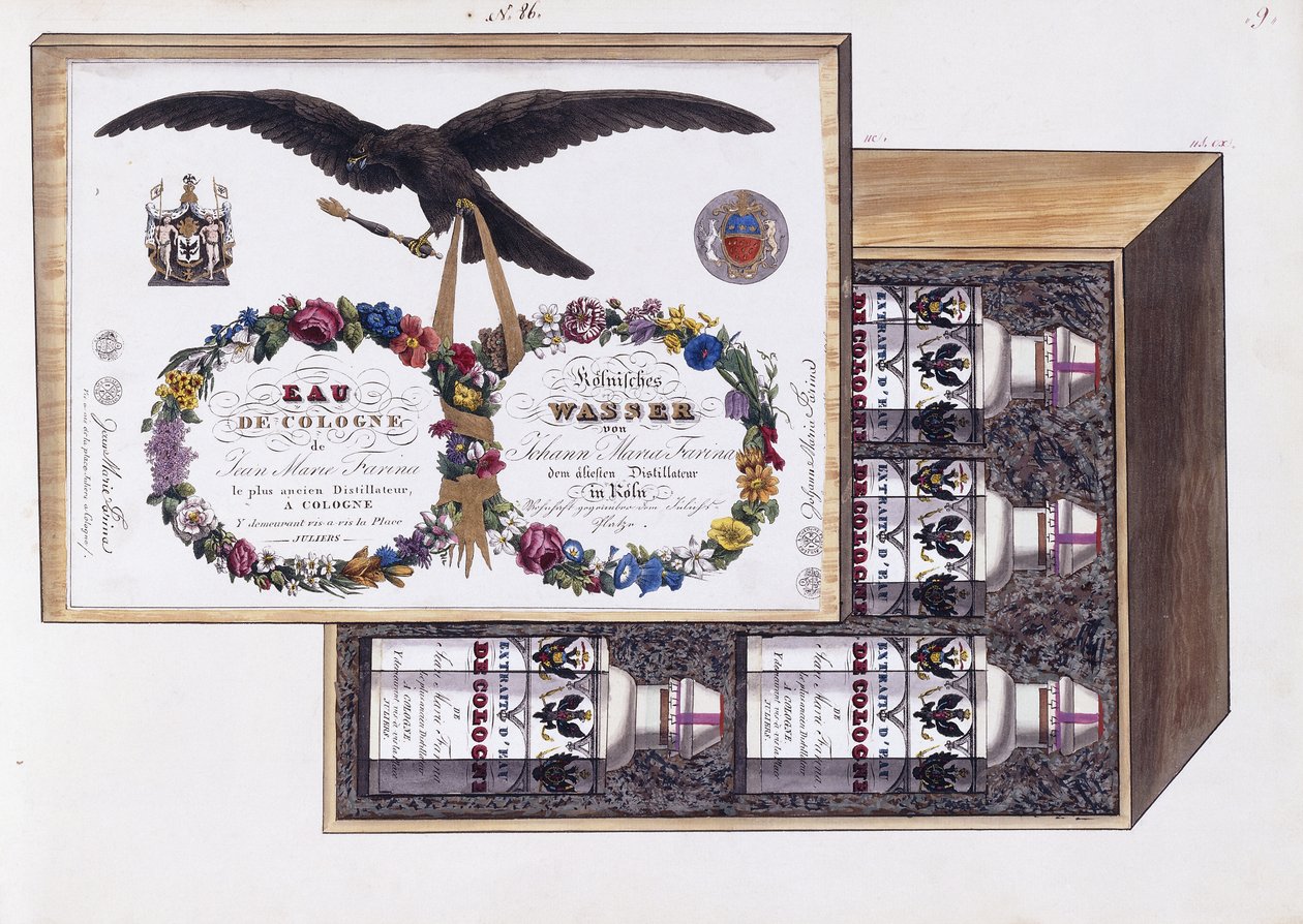 Eau de Cologne ambalajı için örnek, c.1825 (sulu boya ve gövde rengi) by French School
