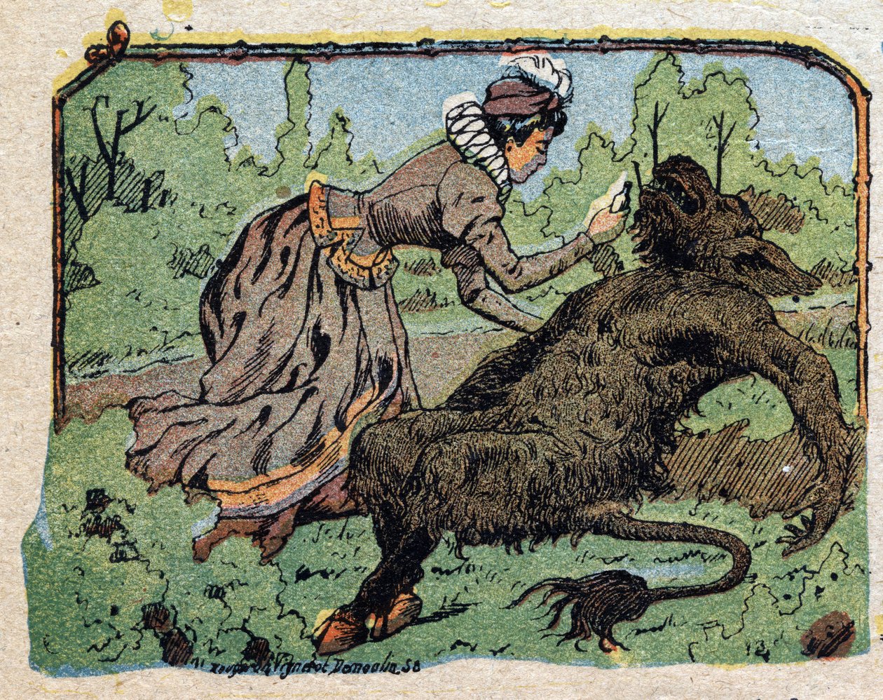 “Güzellik ve Aşk” masalı için illüstrasyon: güzel, evlenme teklif etmeyi reddettiğinde acıdan bayılan bahtı canlandırdı. Quinn tasvirlerinin gravürü, 1890 dolaylarında. by French School
