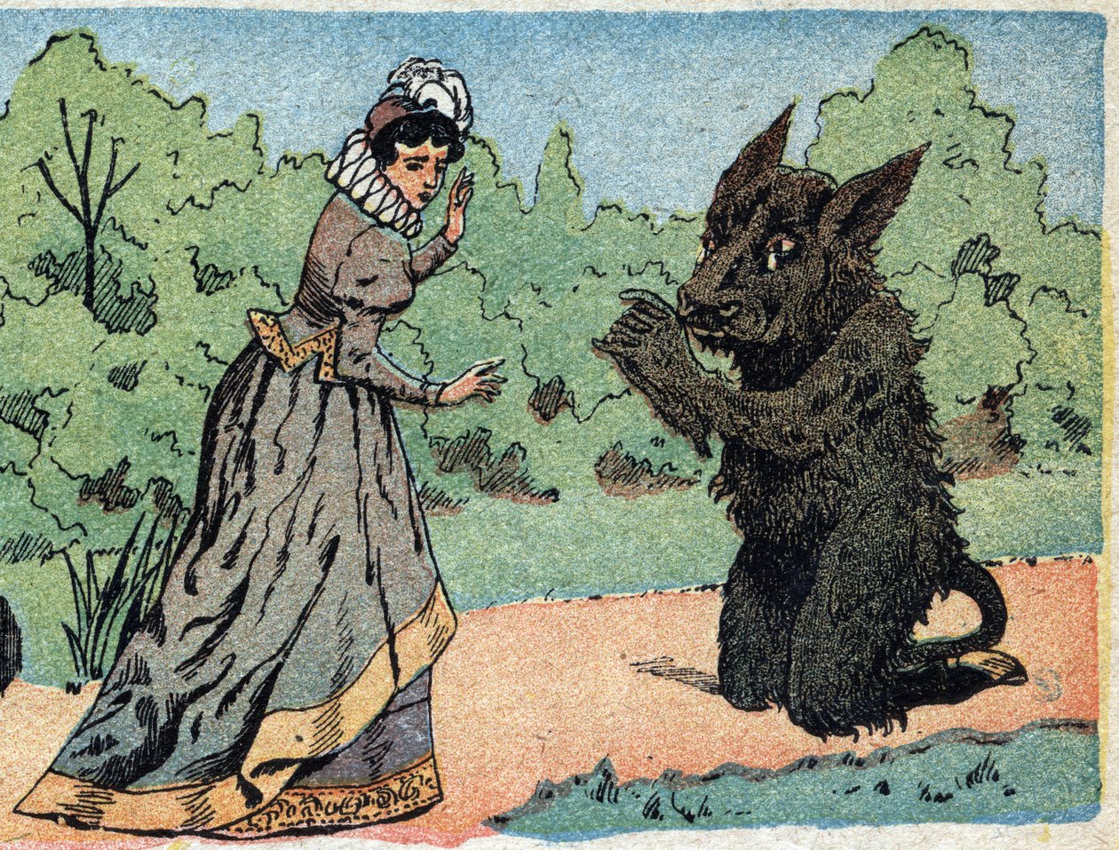 “Güzellik ve Baht” masalının illüstrasyonu: baht, birdenbire korkan güzele sorar. Quinn tasvirlerinin gravürü, 1890 dolaylarında. by French School