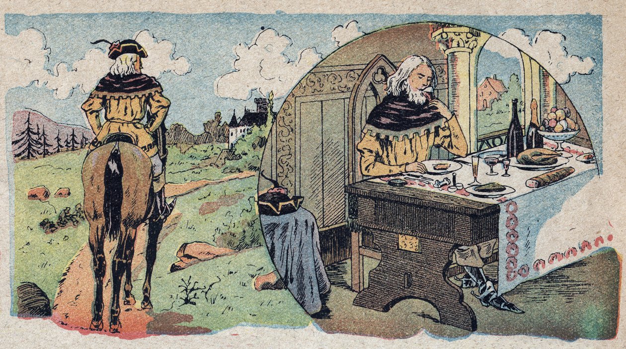 “Güzellik ve Aşk” masalının illüstrasyonu: Tüccar, yemek odasına girdikten sonra kendini ormanda kaybetti. Quinn tasvirlerinin gravürü, 1890 dolaylarında. by French School