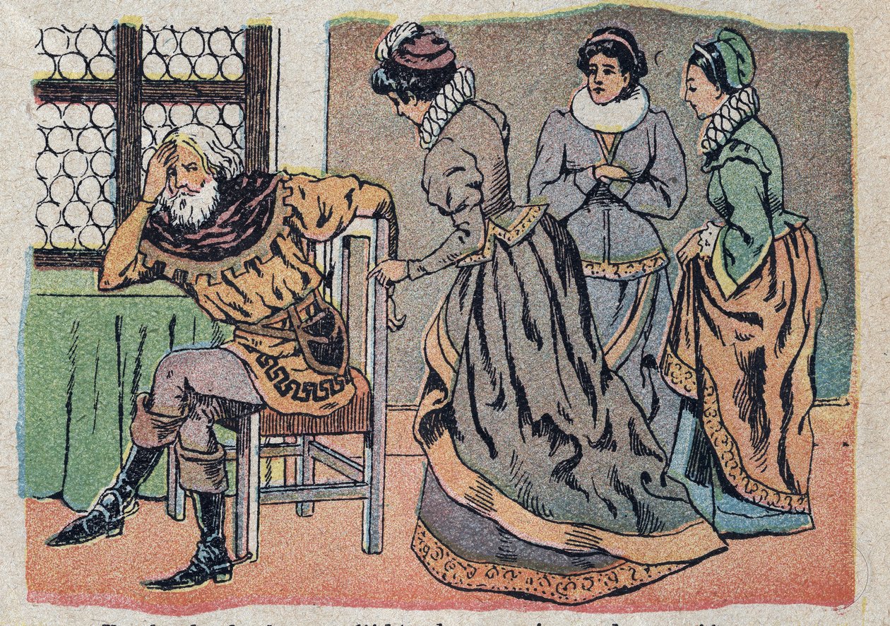 “Güzellik ve Bete” masalının illüstrasyonu: tüccar acı içinde kayboldu. Quinn tasvirlerinin gravürü, 1890 dolaylarında. by French School