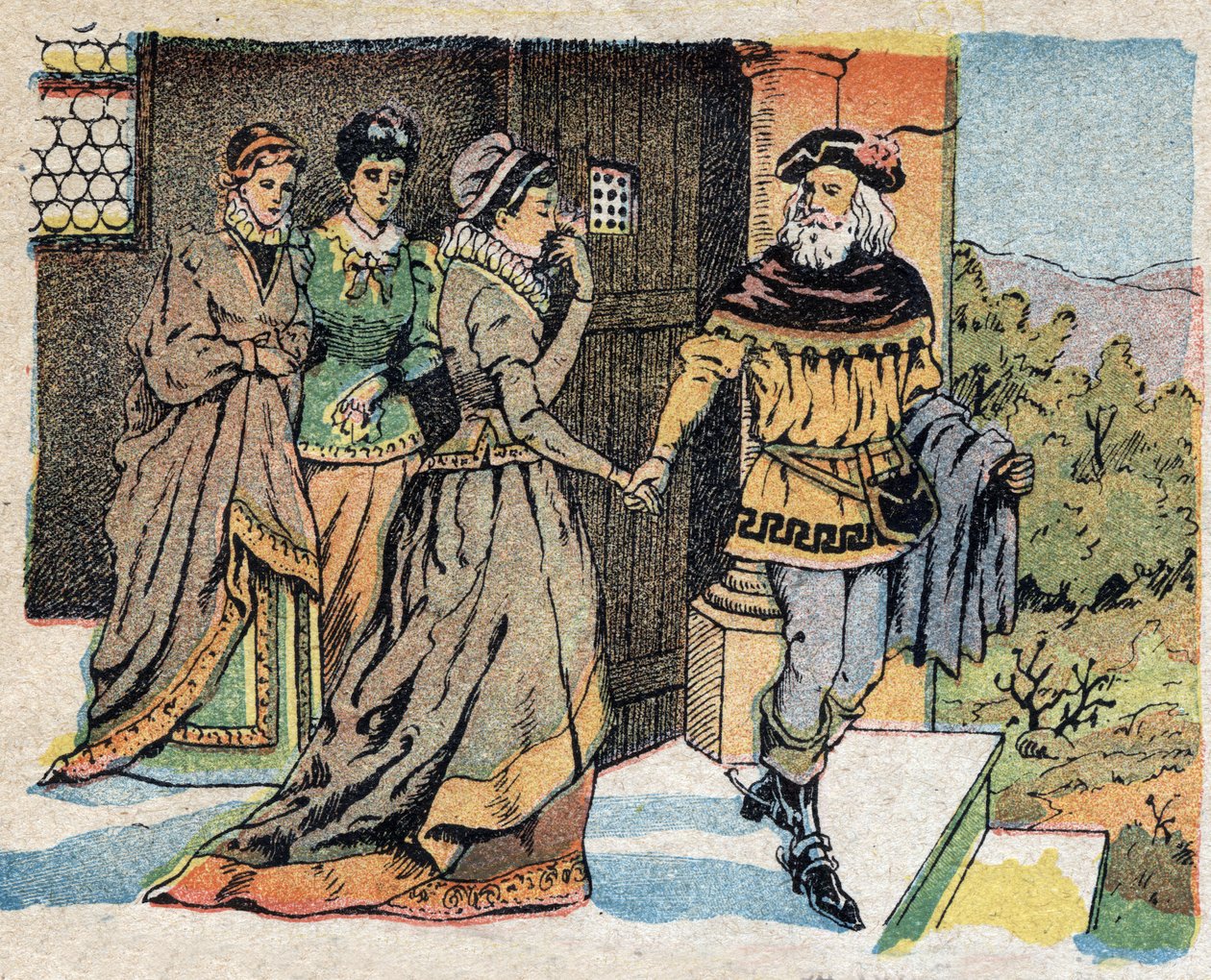 “La Belle et la Bete” masalı için illüstrasyon: Bir seyahate çıkan tüccar, üç kızına veda etti ve dönüşünde onlara bir hediye sözü verdi. Quinn tasvirlerinin gravürü, 1890 dolaylarında. by French School