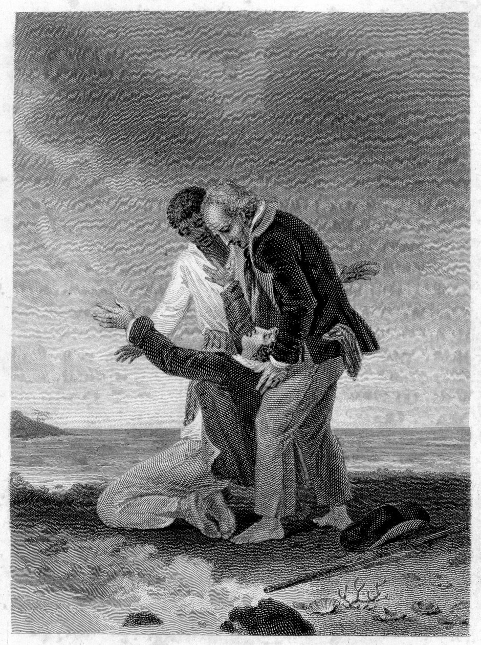 "" Paul ve Virginia "" çizimi: Paul denizin önünde. Roman Henri Bernardin de Saint Pierre (Saint-Pierre veya St-Pierre), Fransız yazar (1737-1814). by French School
