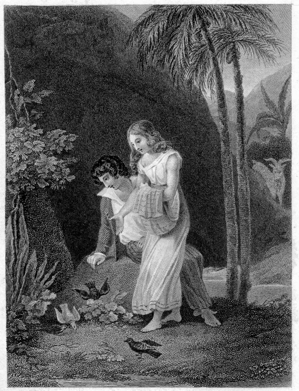 "Paul ve Virginia" çizimi. Roman Henri Bernardin de Saint Pierre (Saint-Pierre veya St-Pierre), Fransız yazar (1737-1814). by French School