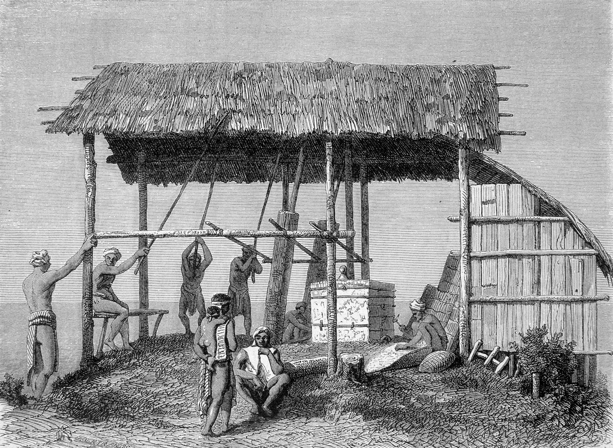 Borneo adasındaki dayaklarda bir demirciyi betimleyen “Le Tour du monde” 1862 baskısında yayınlanan illüstrasyon. Oymak. by French School
