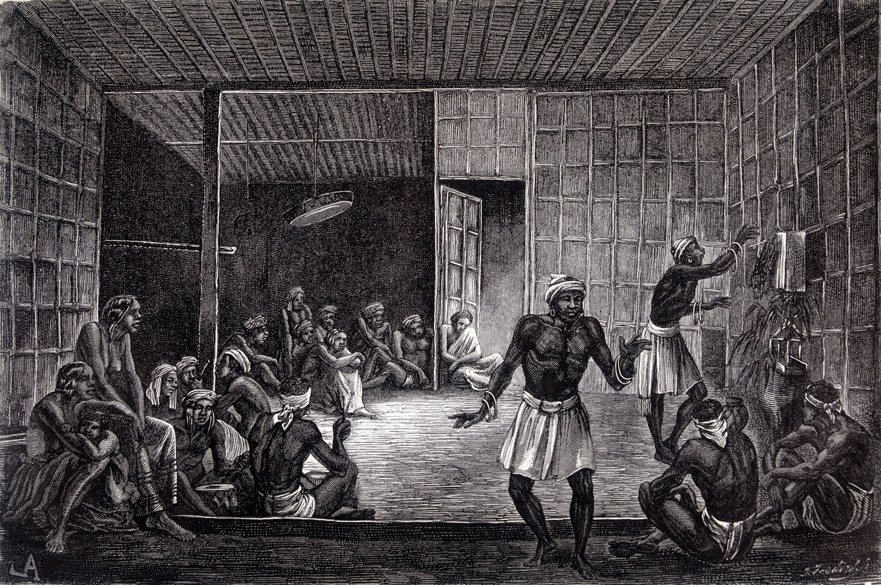 Borneo adasında dayakların uyguladığı bir şeytan çıkarma seansını betimleyen “Le Tour du monde”un 1862 baskısında yayınlanan illüstrasyon. Oymak. by French School