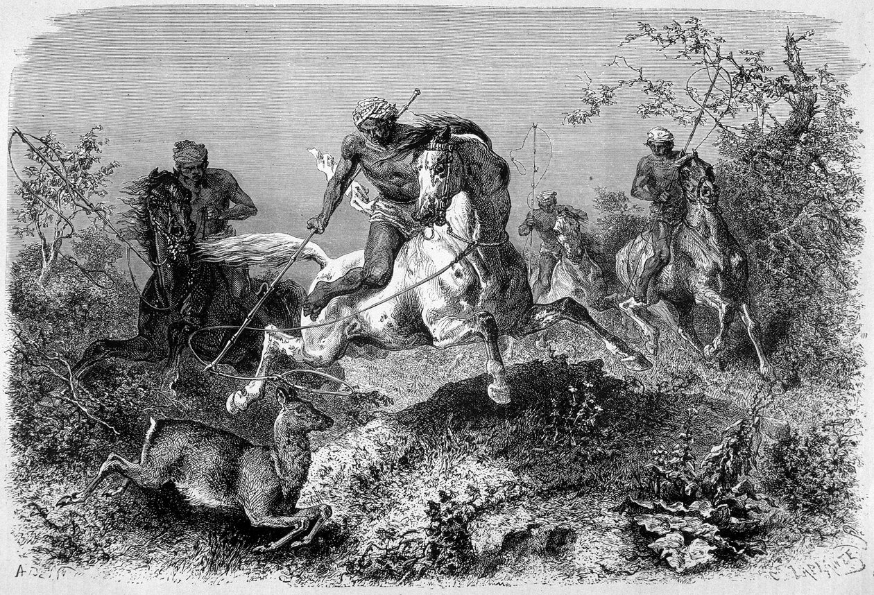 1870 - 1871 yılları arasında “Le Tour du monde” baskısında yayınlanan ve Borneo adasında bir dyak avını betimleyen illüstrasyon. Oymak. by French School