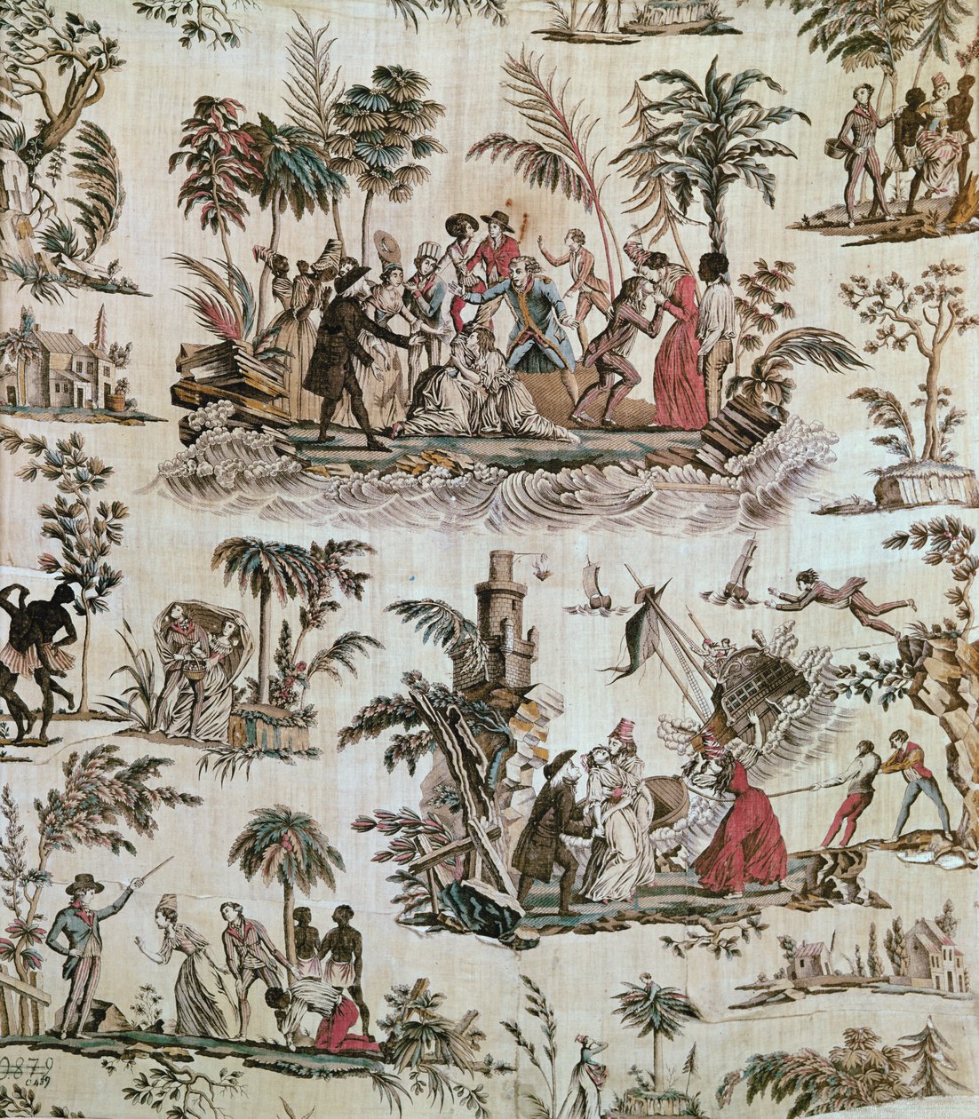 Paul et Virginie romanından olayların çizimleri, Toile de Nantes, 1800 dolayları (basılı pamuk) by French School