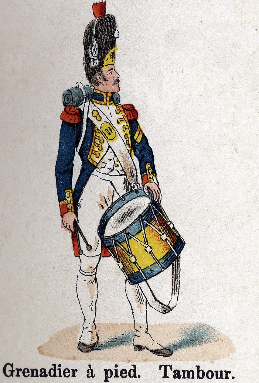 İmparatorluk Muhafızı Napolyon I: Grenadier yürüyerek - Davul. Lienhart ve Humbert tarafından yazılan Les Uniformes de l