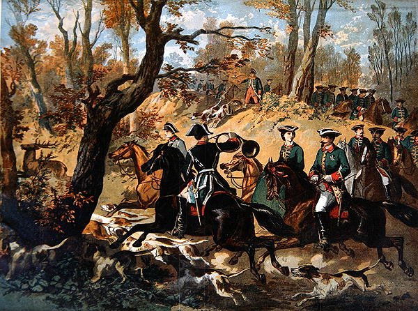 Compiegne Ormanında İmparatorluk Geyik Avı (c.1860) (renkli taş) by French School