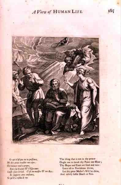 Ölümün Katılımı'nda, Marin Le Roy de Gomberville'in (1600-74) 'Ahlakın Doktrinleri'nden 'İnsan Yaşamına Bir Bakış' şiirinden bir örnek Daret tarafından kazınmış (gravür) by French School