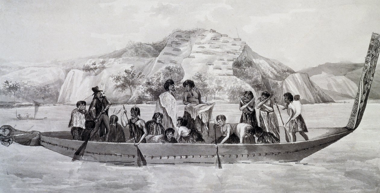 Arka planda müstahkem köy ile pirogue üzerinde Yerli Yeni Zelandalılar, 10 Nisan by French School