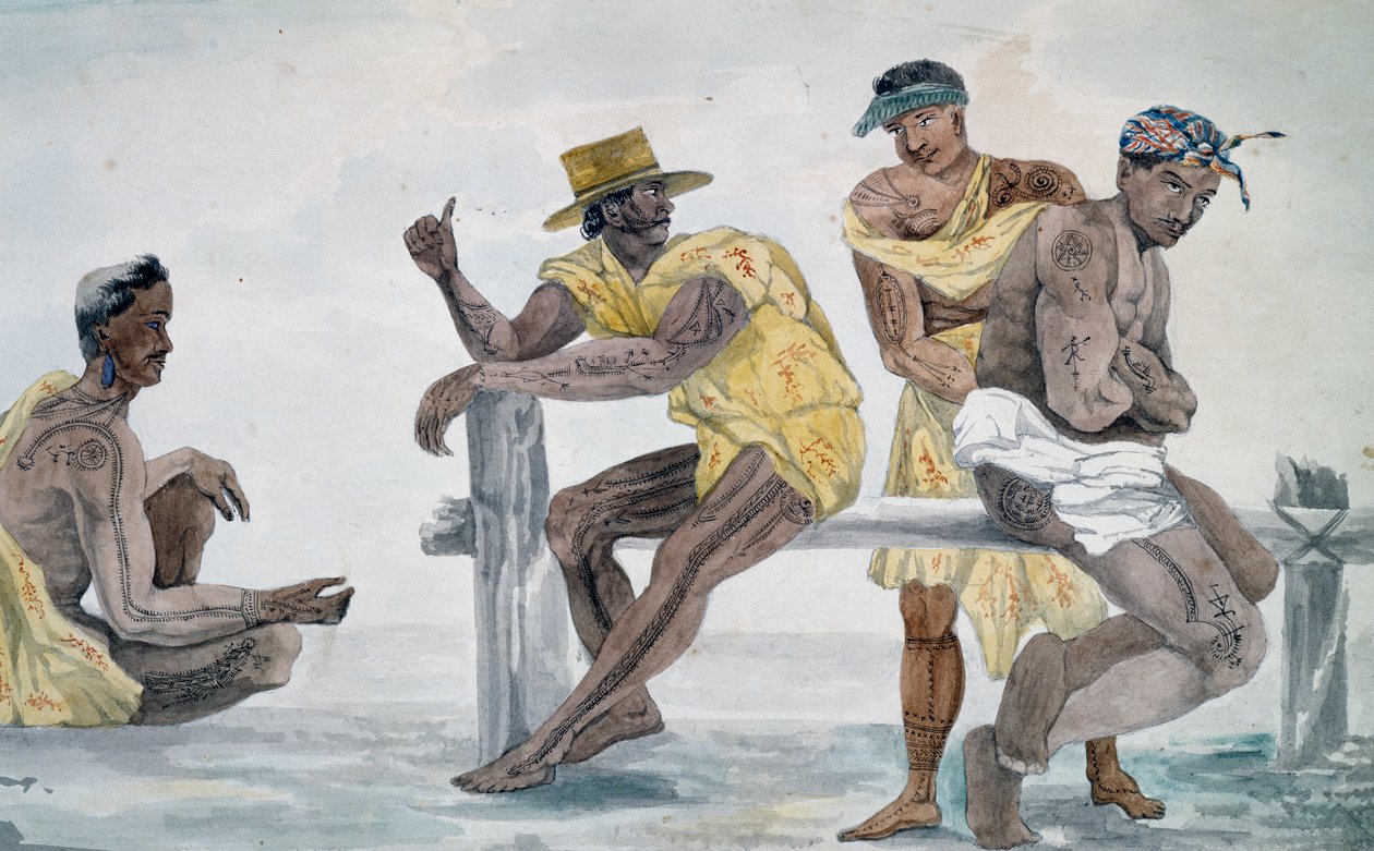 Tahiti sakinleri, Toplum Adaları, Jules-Louis Lejeune tarafından suluboya, dünya çapında bir yolculuğa dayalı by French School